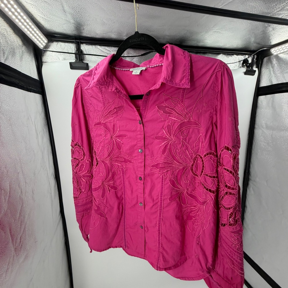 Sundance Pink Floral Embroidered Eyelet Button Down Shirt Womens Medium Boho